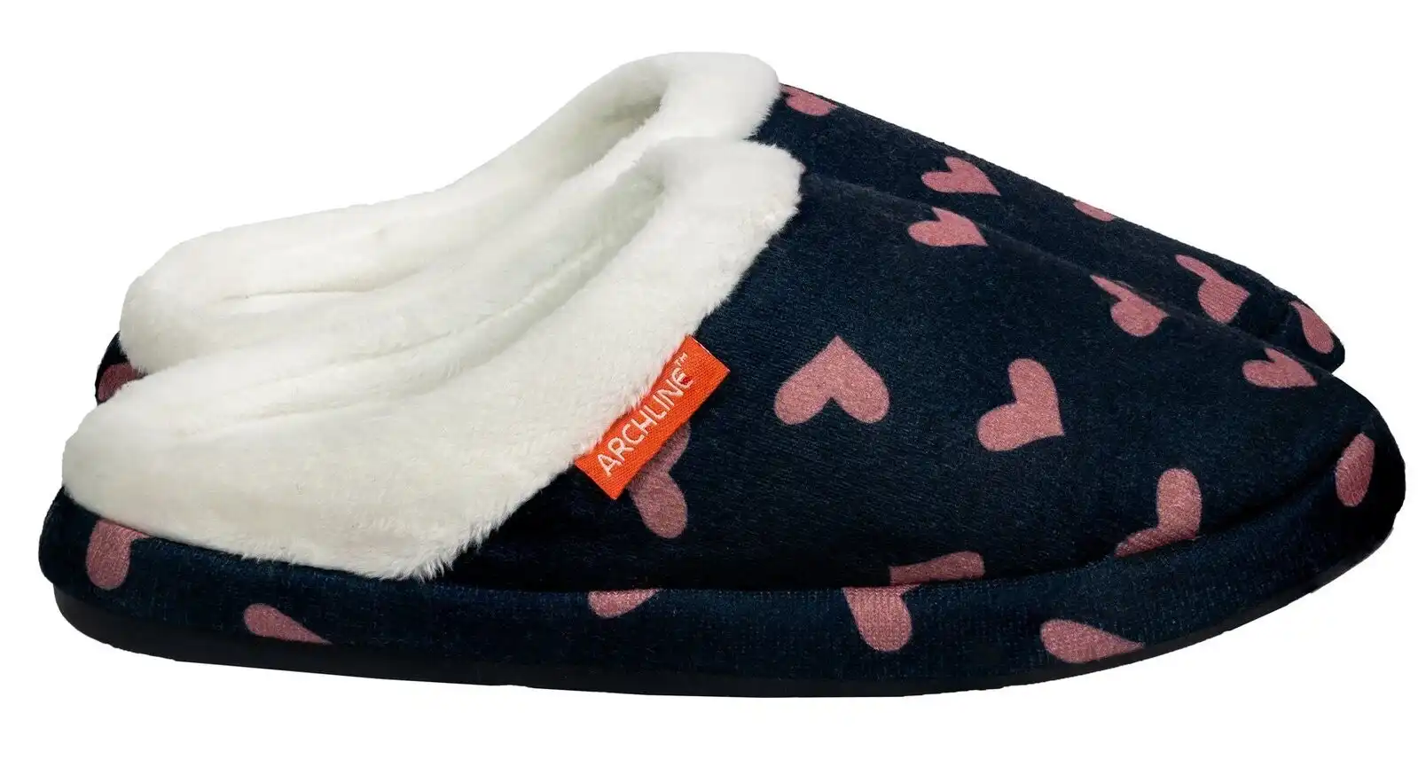 Archline Orthotic Slippers Slip On Scuffs Medical Pain Relief Moccasins - Navy with Hearts