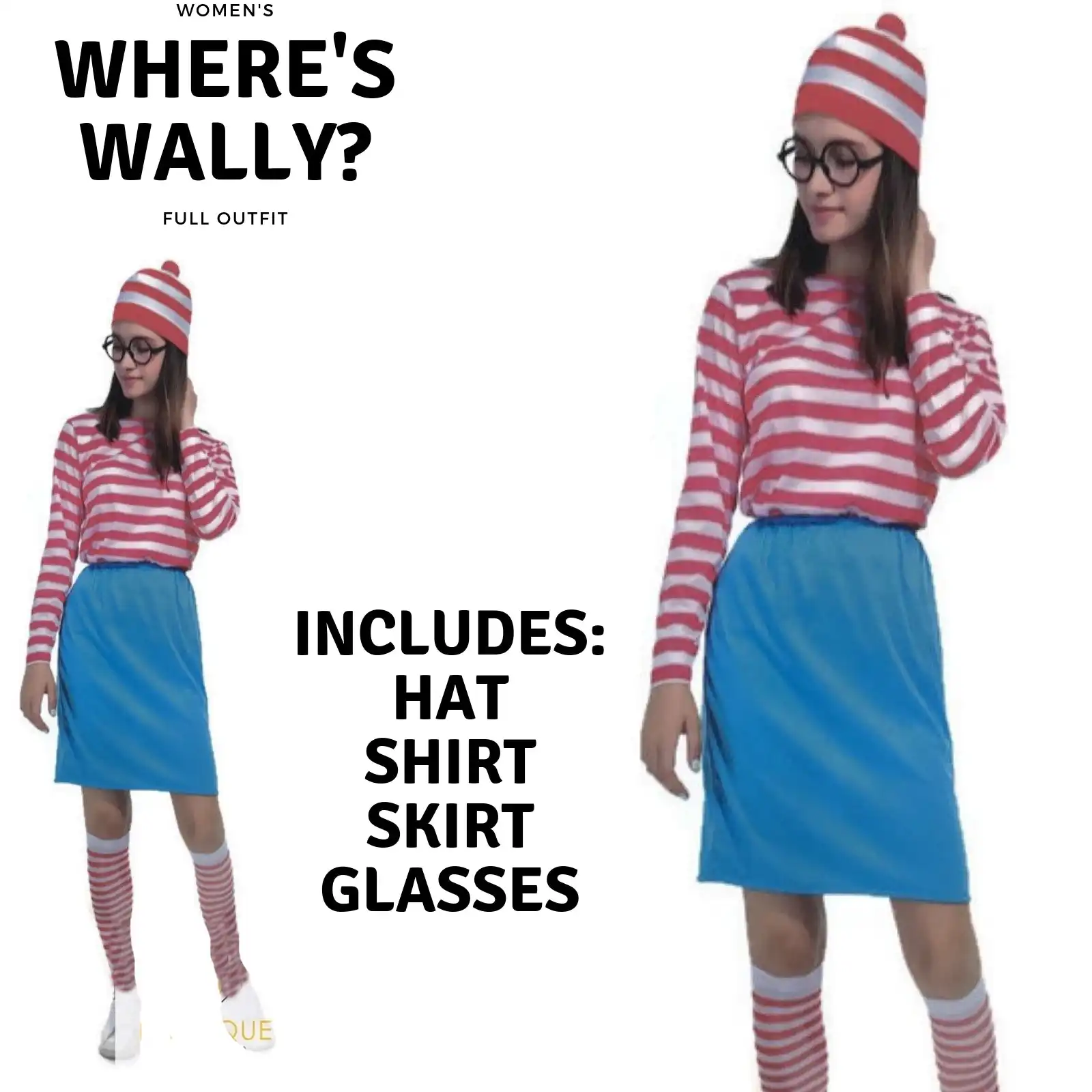Women's Wheres Wally COSTUME FULL SET Party Hat Shirt Top Pants Ladies Book Week