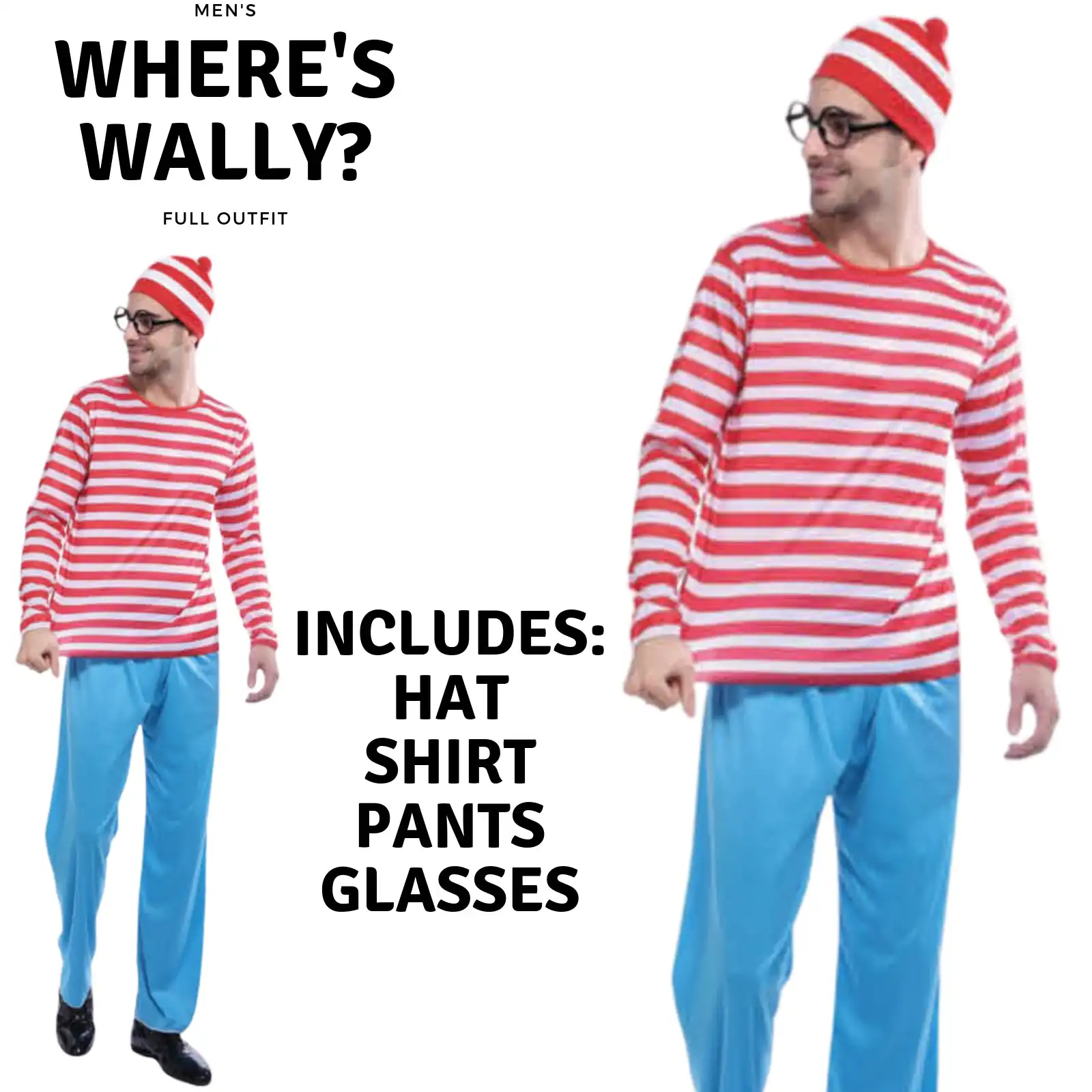 Men's Wheres Wally COSTUME FULL SET Party Hat Shirt Top Pants Book Week