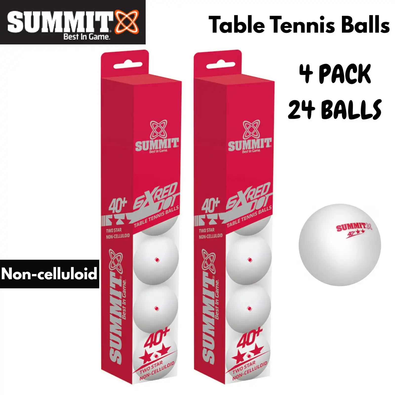 24x Table Tennis Balls 40+ Ping Pong Game Non-Celluloid - 2 Star Red Dot