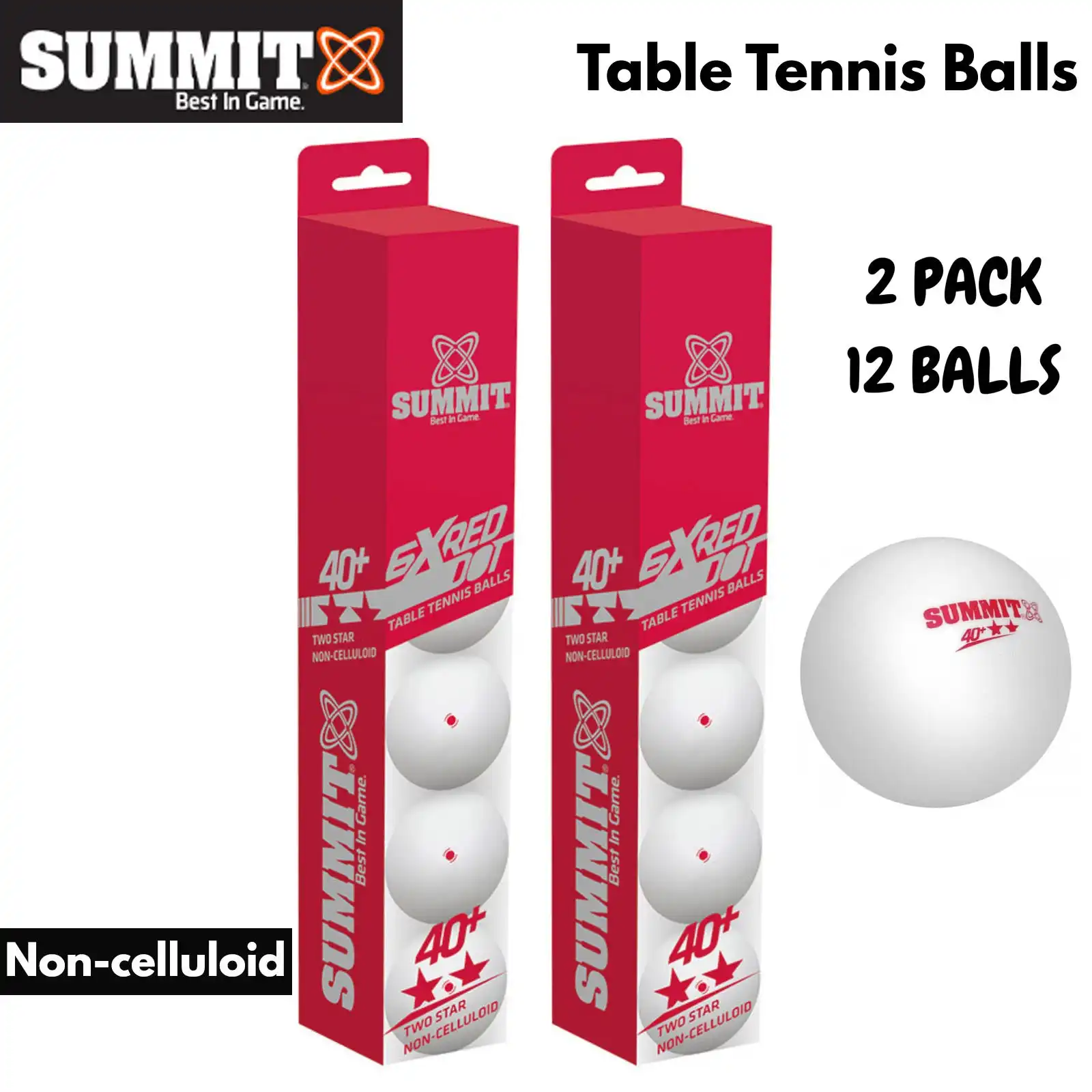 12x Table Tennis Balls 40+ Ping Pong Game Non-Celluloid - 2 Star Red Dot