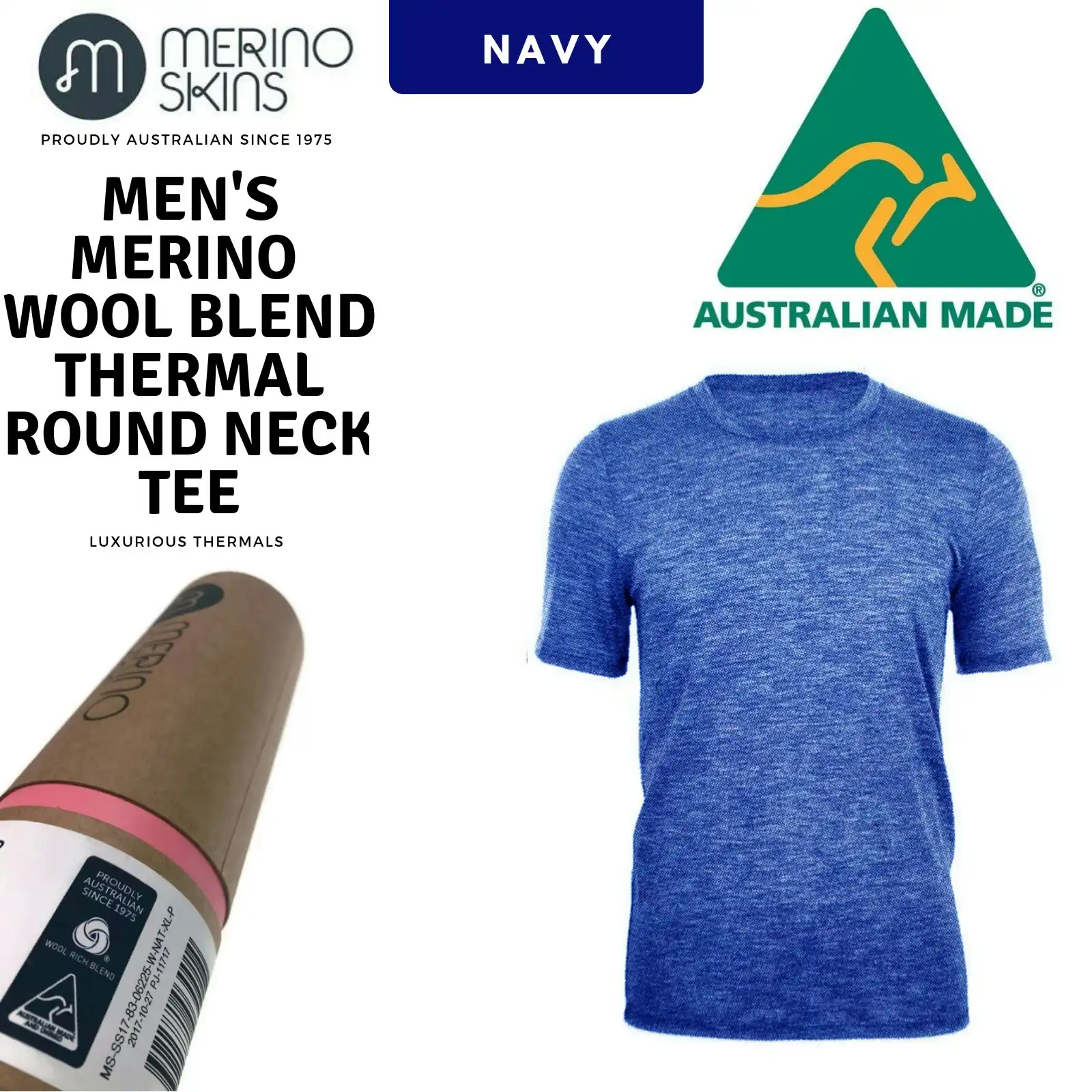 Merino Skins Mens Classic Crew Neck Tee Wool Thermal T-Shirt Short Sleeve - Navy