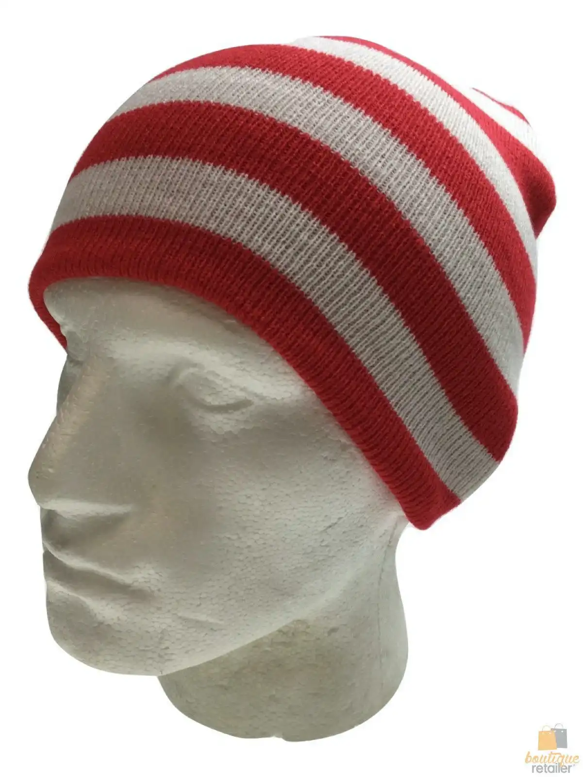Red White Stripe Beanie Hat Costume Dress Up Knitted Ski Winter Cap New