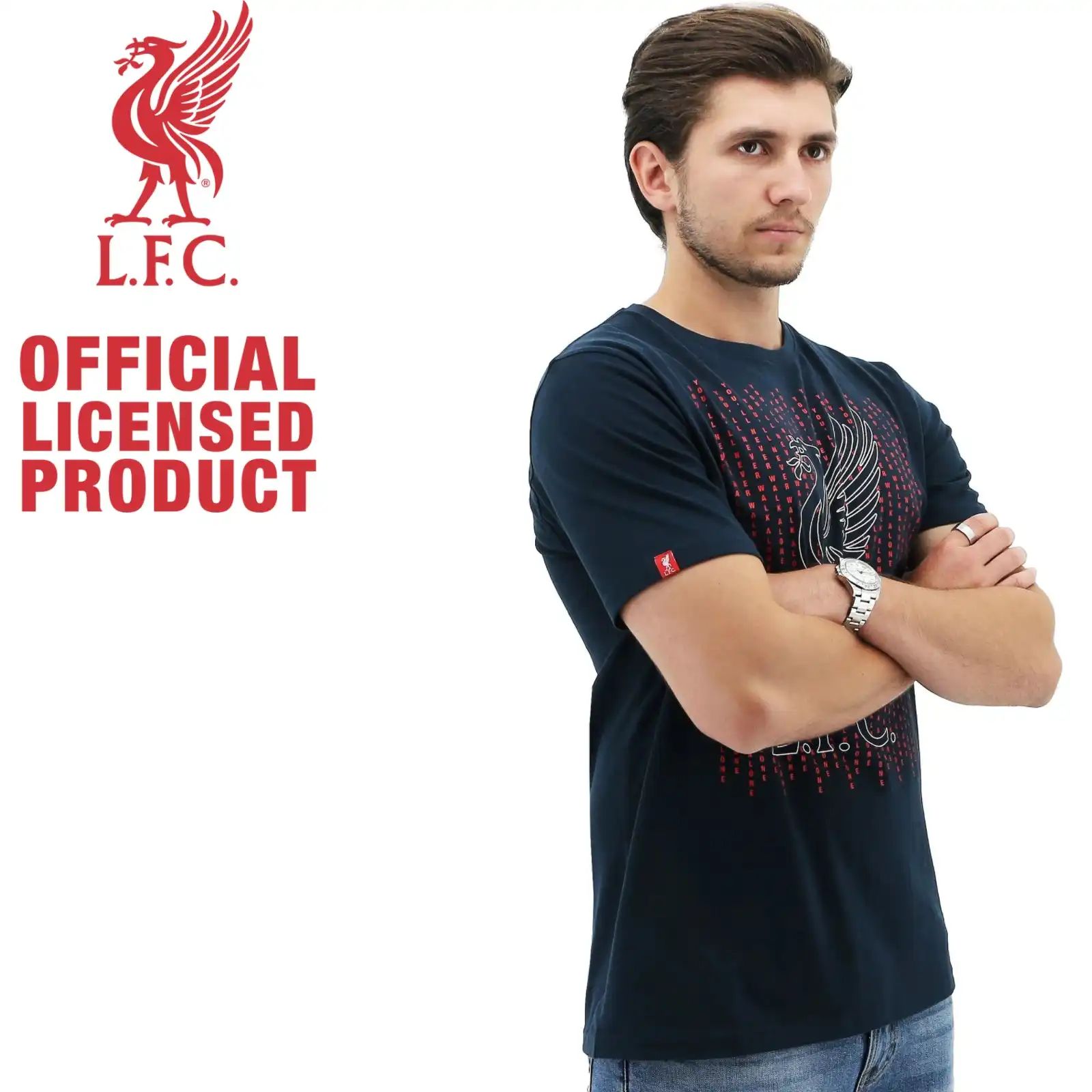 Liverpool FC Men's Crew T Shirt Tee Top Soccer Football - Navy Liverbird