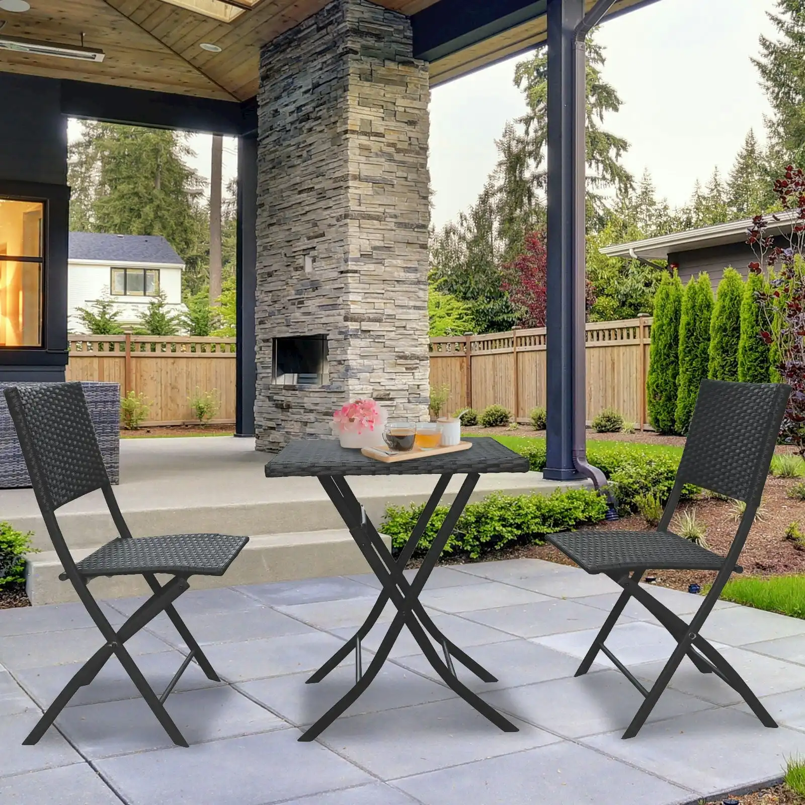 Arcadia Furniture Outdoor 3 Piece Foldable Rattan Coffee Table Set Garden Patio