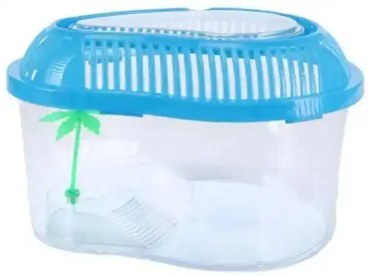 Pet Basic Original Easy Feed Plastic Fish Tank - Blue- 28cm x 22cm x 17cm with Non-Slip Handle and Artificial Tree
