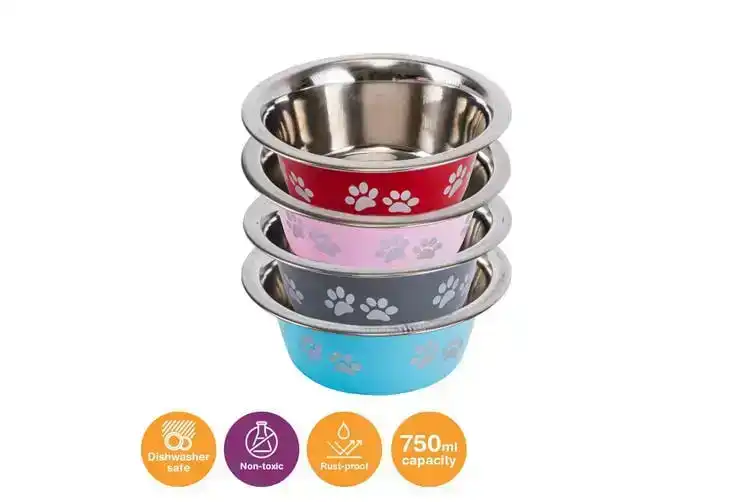 Pet Basic 4PCE Dog Bowl Stainless Steel Paw Print Design Durable 750ml