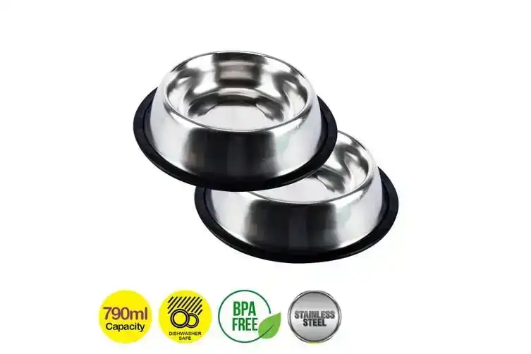 Pet Basic 2PCE Stainless Steel Pet Bowl Non Slip Base Dishwasher Safe 790ml