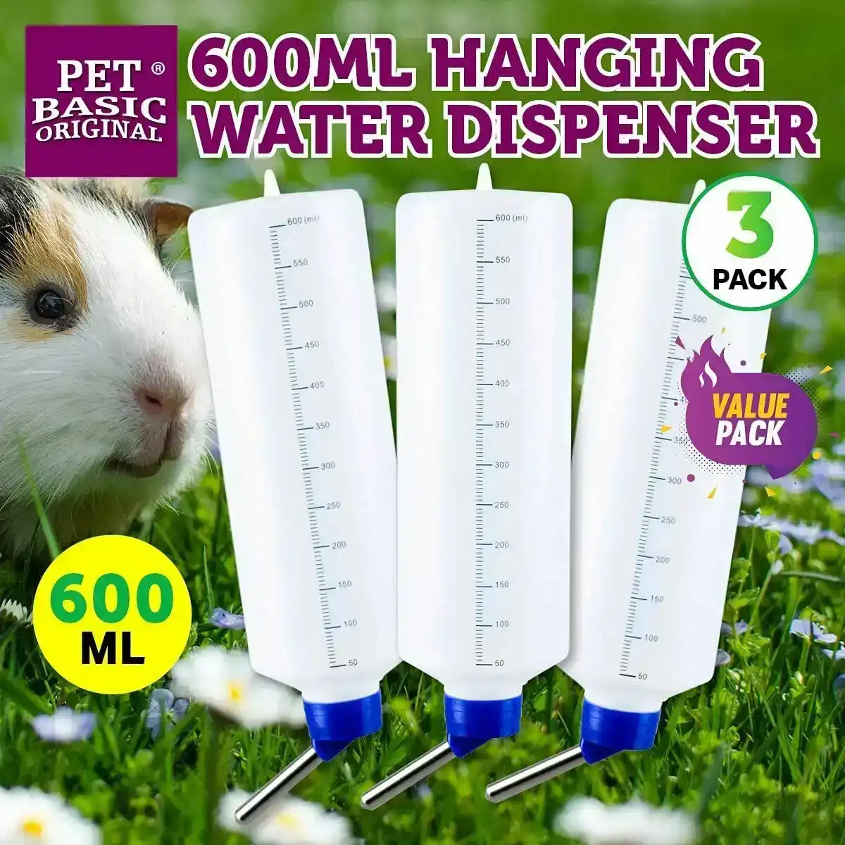 Pet Basic 3PK Hanging Water Dispenser Rabbit Guinea Pig 600ml