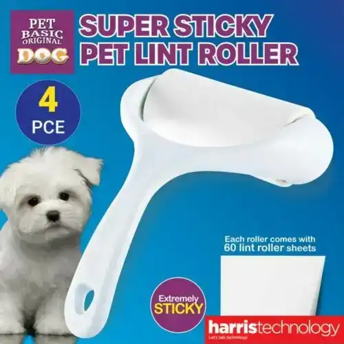 Pet Basic 4PCE Premium Fur Lint Roller Dog/Cat Super Sticky Easy Peel Sheets