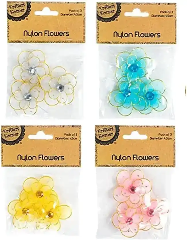 [4Pk X 20Pce] Krafters Korner Soft Nylon Flowers- Blue - Yellow - Pink - White (4.5Cm)