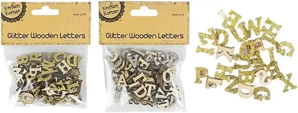[2Pk X 78Pce] Krafters Korner Mini Glitter Wooden Letters - Silver/Gold (1.5Cm)