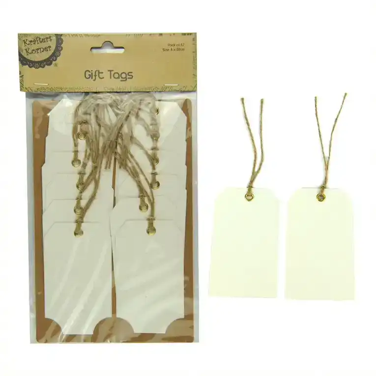 [12Pce] Krafters Korner Gift Tags - With Jute String - White Color (6Cmx10Cm)