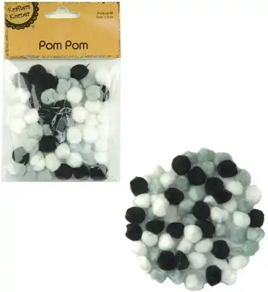 2 x 60Pk Krafters Korner Black - White and Grey Pom Pom 1.5CM for Crafts - DIY & Arts and Creative Crafts Projects and Decorations