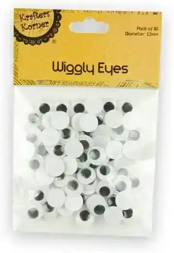 80Pce Krafters Korner Assorted Wiggly Eyes 12MM Black / White for Crafts Decorations - Durable and Funny