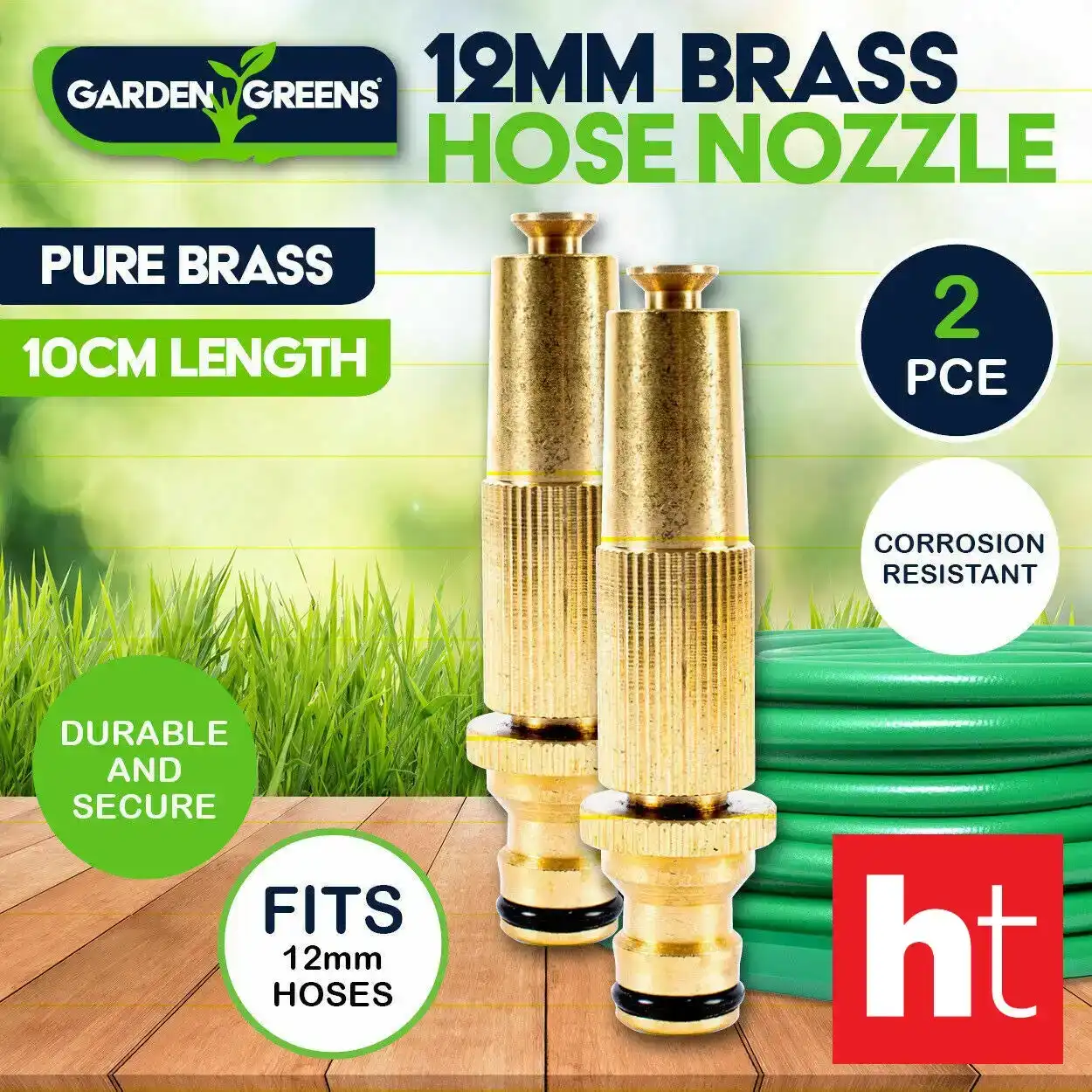 Garden Greens 2PCE Hose Nozzle Pure Brass with Adjustable Flow Rust Proof