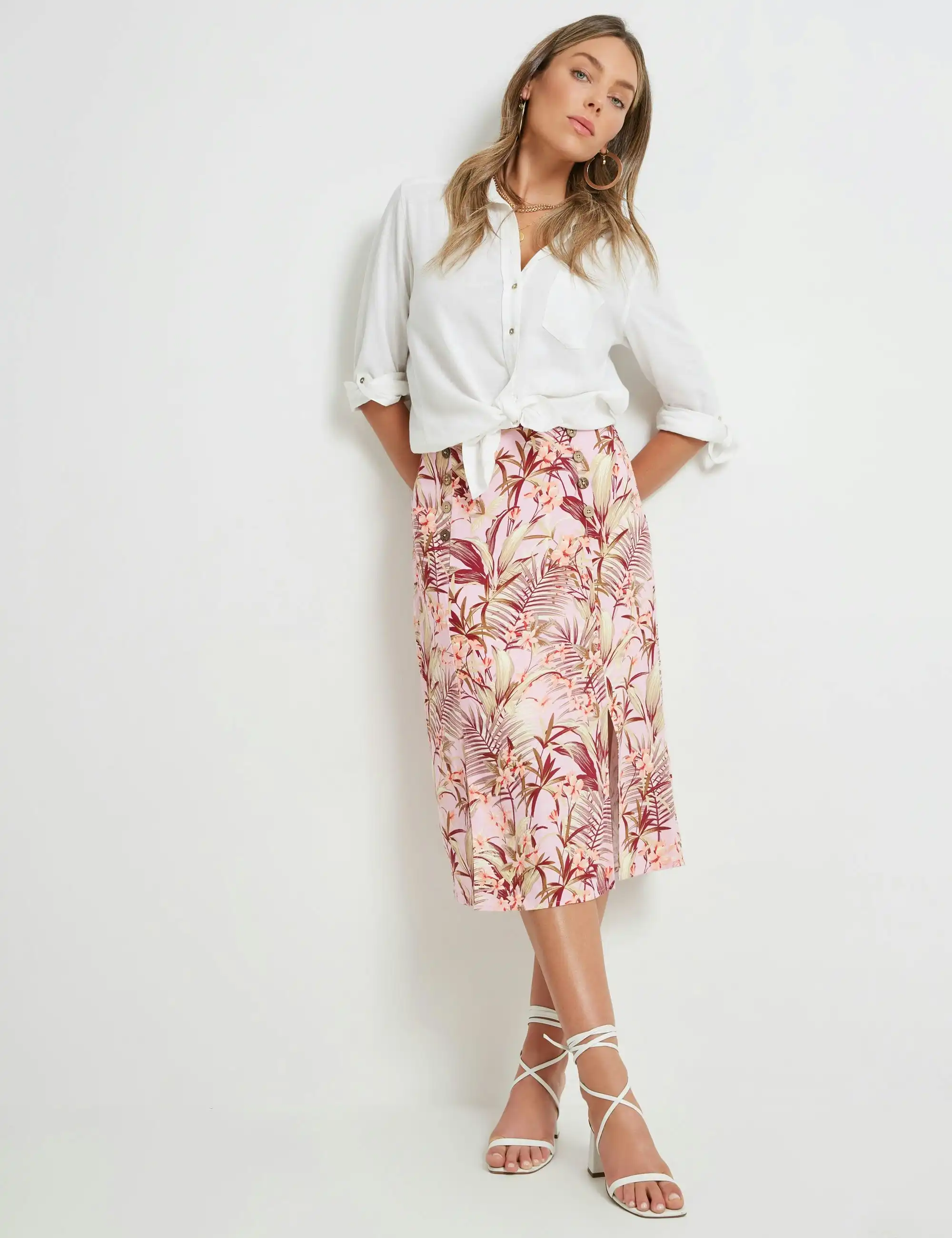 Rockmans Midi Tropical Print Linen Skirt