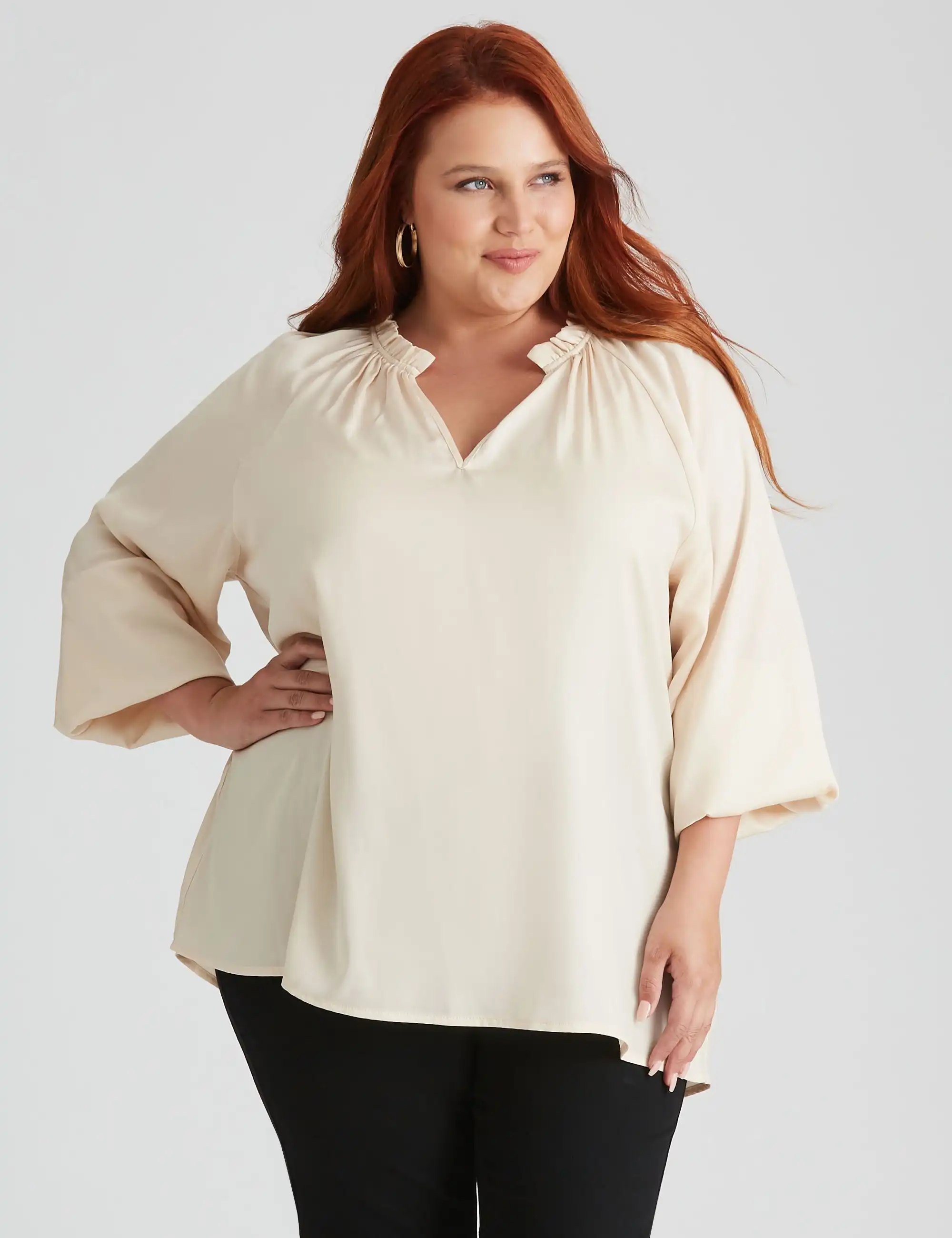 beme Long Sleeve Hammered Satin Woven Top