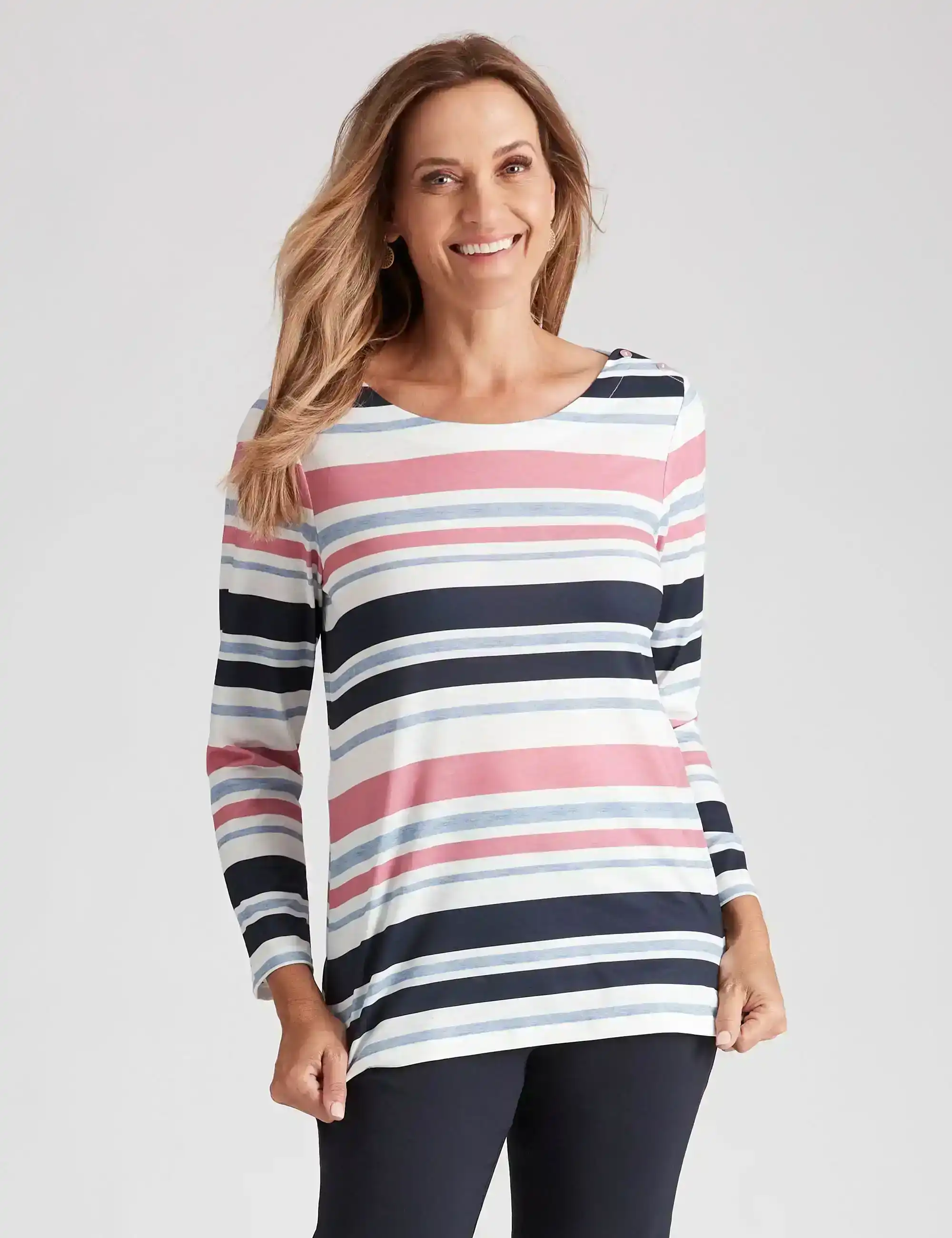 Millers Long Sleeve Stripe Polo Neck Rib Top