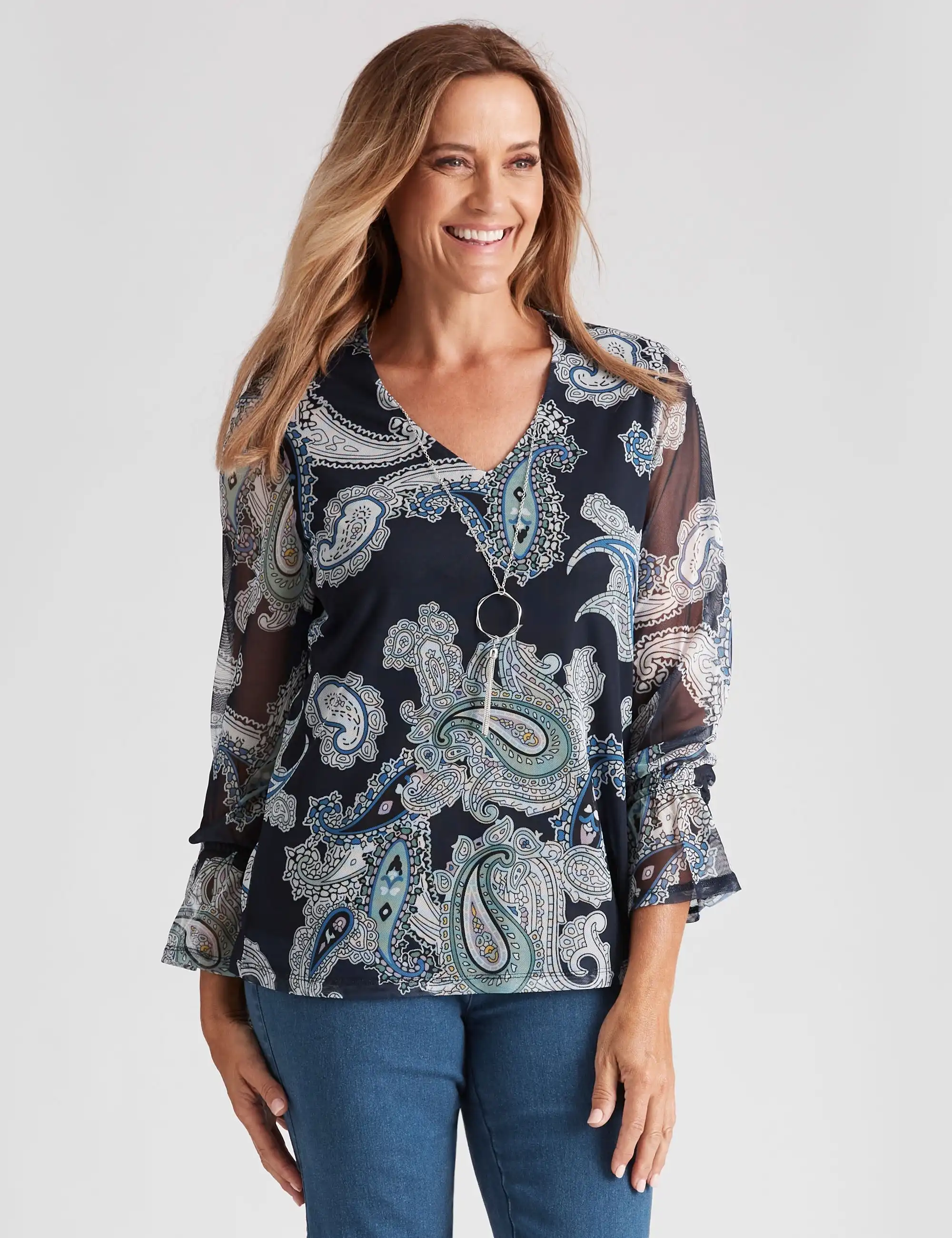 Millers Long Sleeve Printed Mesh V-Neck with Necklace Top