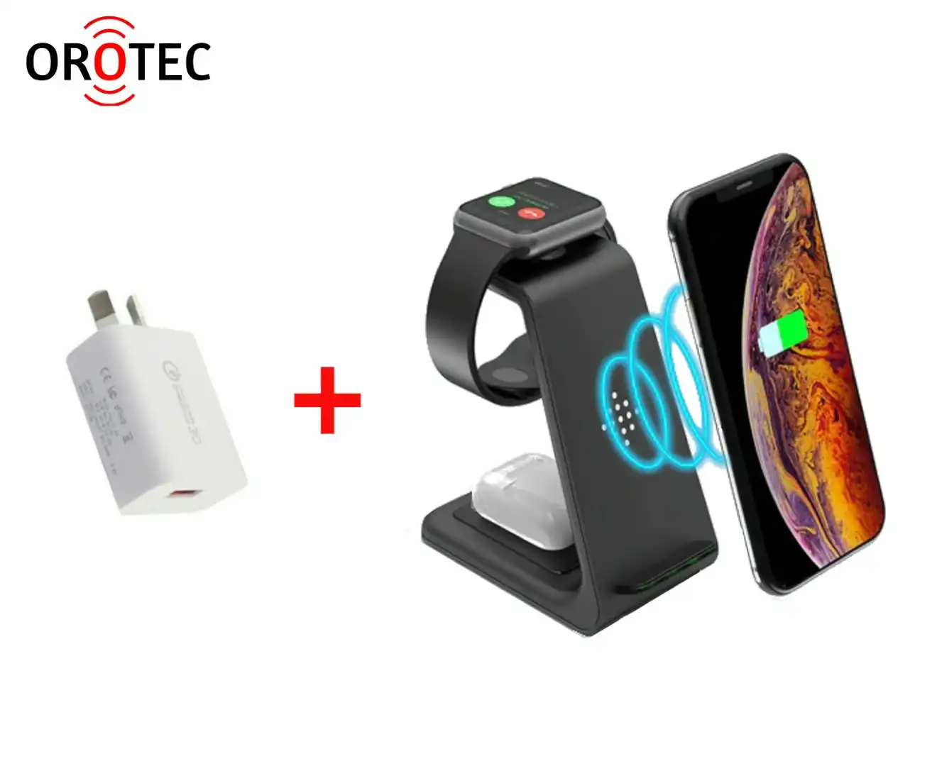 Orotec NuGen Apple 3-in-1 Triple Wireless Charger (Apple Watch/AirPods/Smartphone) Black with Qualcomm Charger
