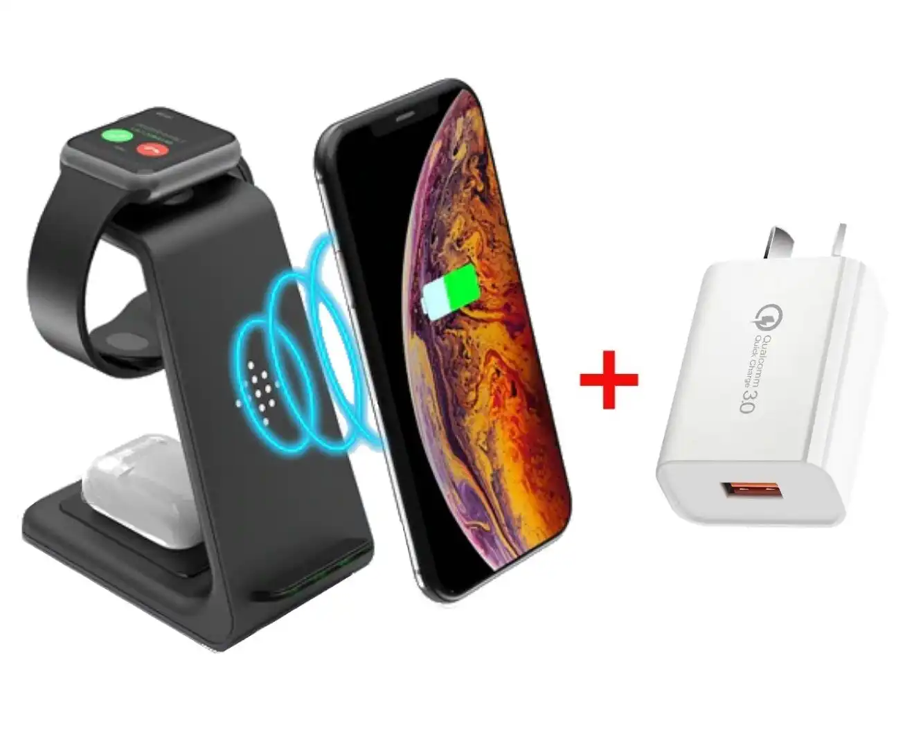 Orotec NexGen Ultra 10W Apple 3-in-1 Triple Wireless Charger (Apple Watch/AirPods/Smartphone) Black + 18W Qualcomm Charger Kit
