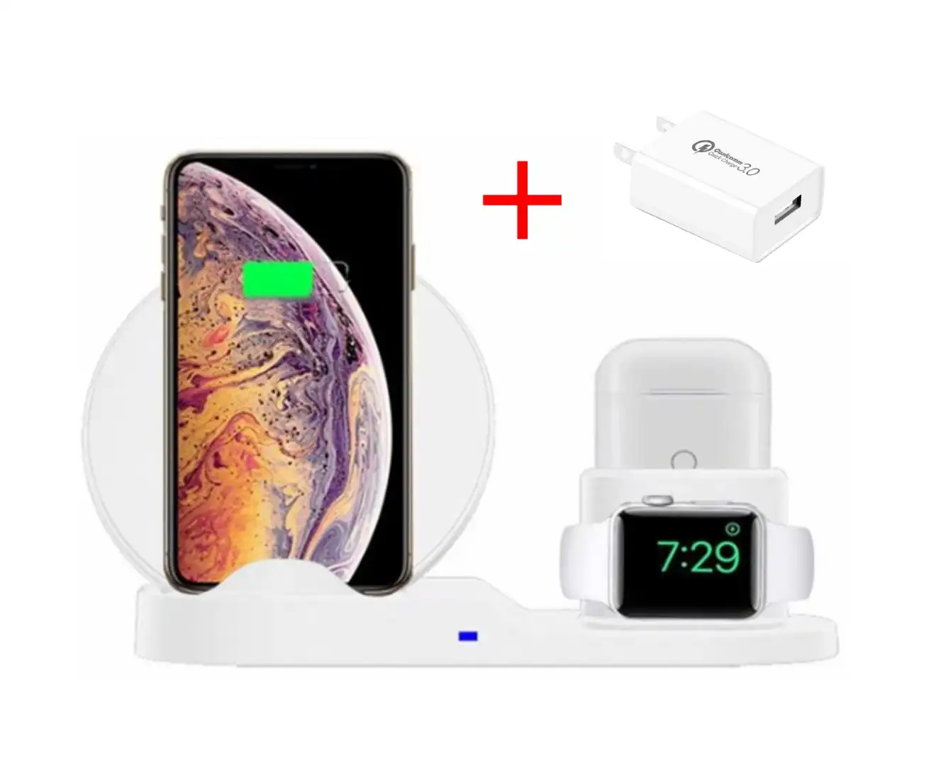 10W 3-in-1 Fast Charge Triple Wireless Charger for Apple (White) including 18W Qualcomm Adapter