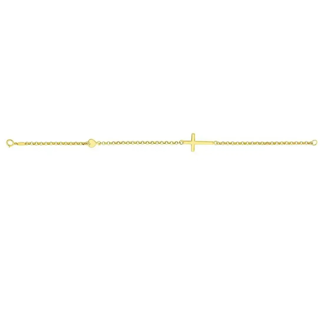 9ct Yellow Gold Cross and Puff Heart Bracelet