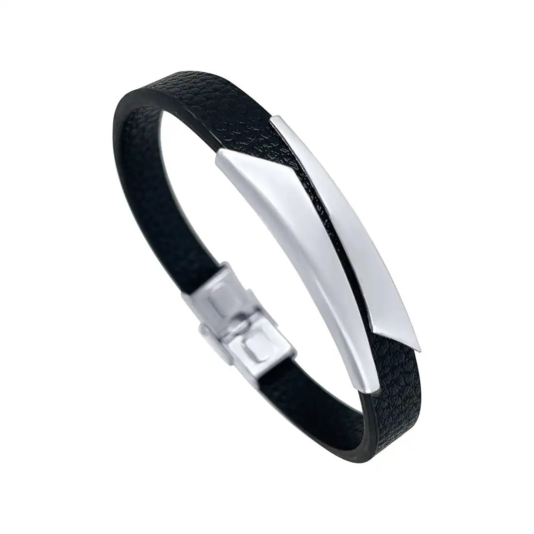 20.5cm Men's Stainless Steel Black Leather Bracelet with Plate