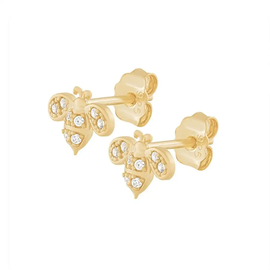 9ct Yellow Gold Silver Infused Bumble Bee with Cubic Zirconia Stud Earrings