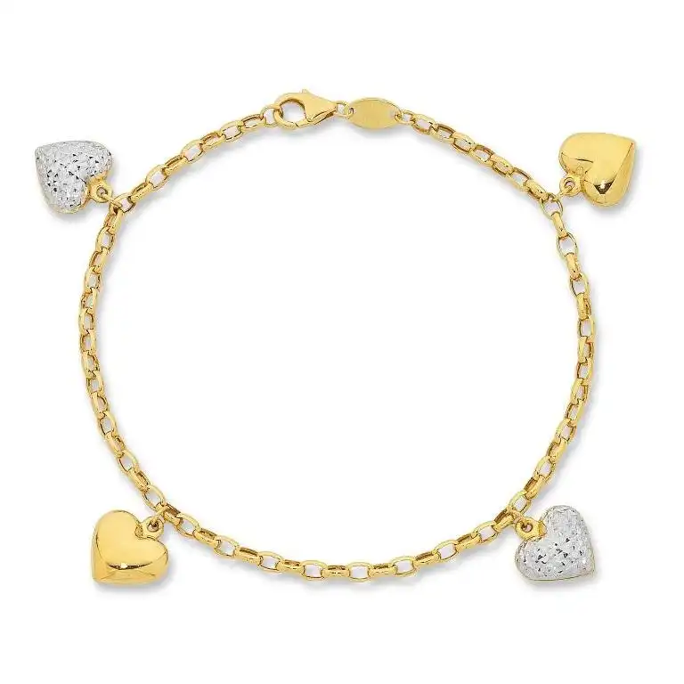 9ct Yellow Gold Silver Infused Heart Charm Bracelet