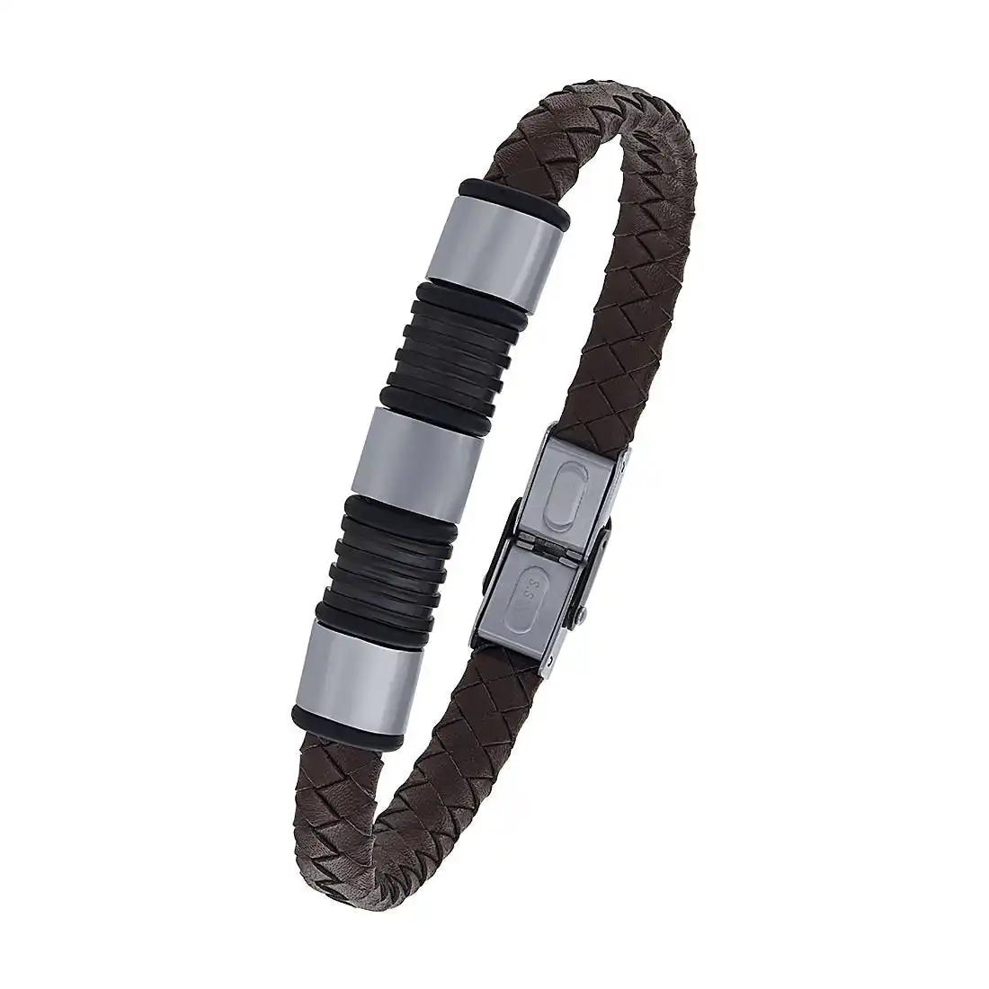 21cm Men's Brown Leather Bracelet with Stainless Steel