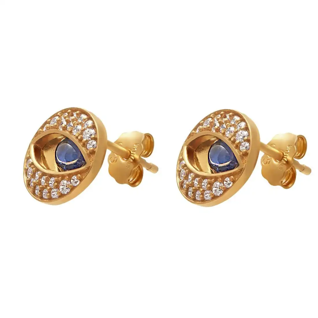 9ct Yellow Gold Silver Infused Evil Eye Stud Earrings with Cubic Zirconia