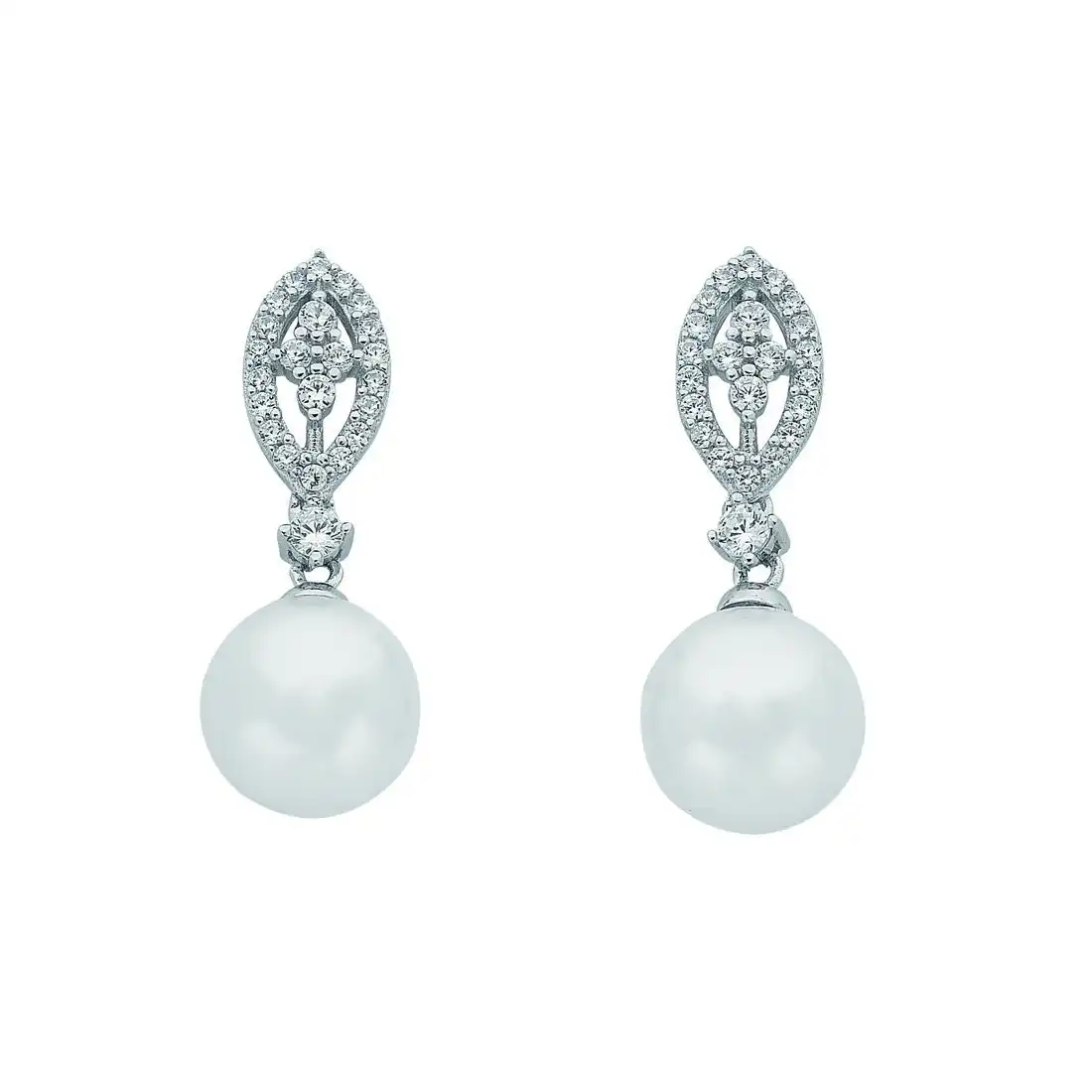 10mm Sterling Silver Synthetic Pearl Cubic Zirconia Marquise Earrings