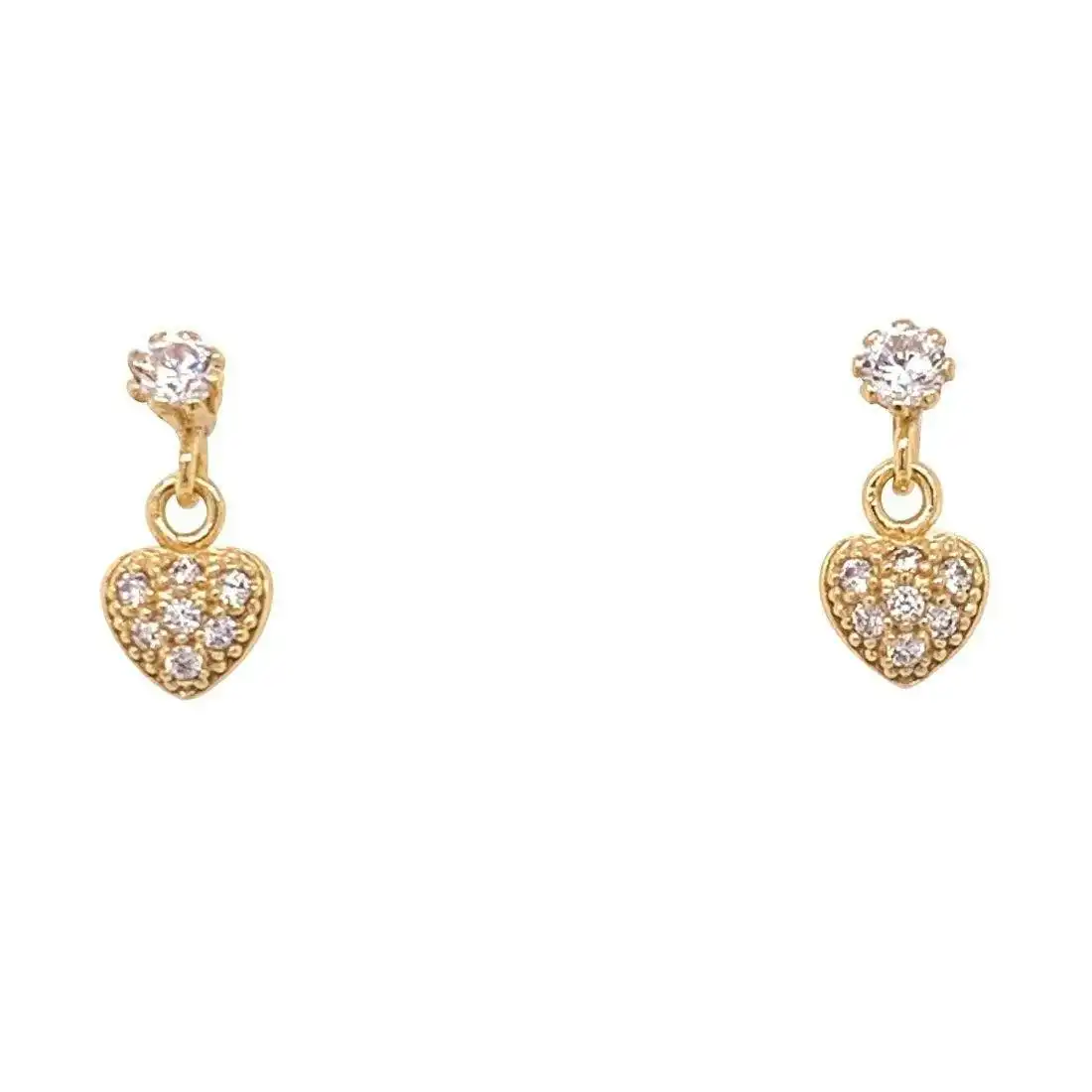 Children's 9ct Yellow Gold Silver Infused Cubic Zirconia Heart Drop Earrings