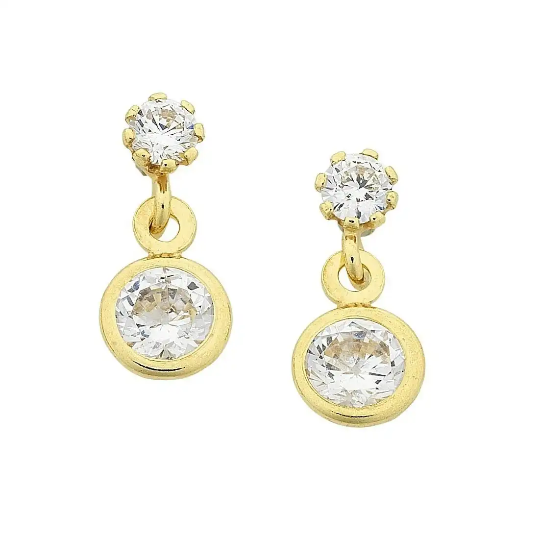 9ct Yellow Gold Silver Infused Double Circle Drop Cubic Zirconia Earrings