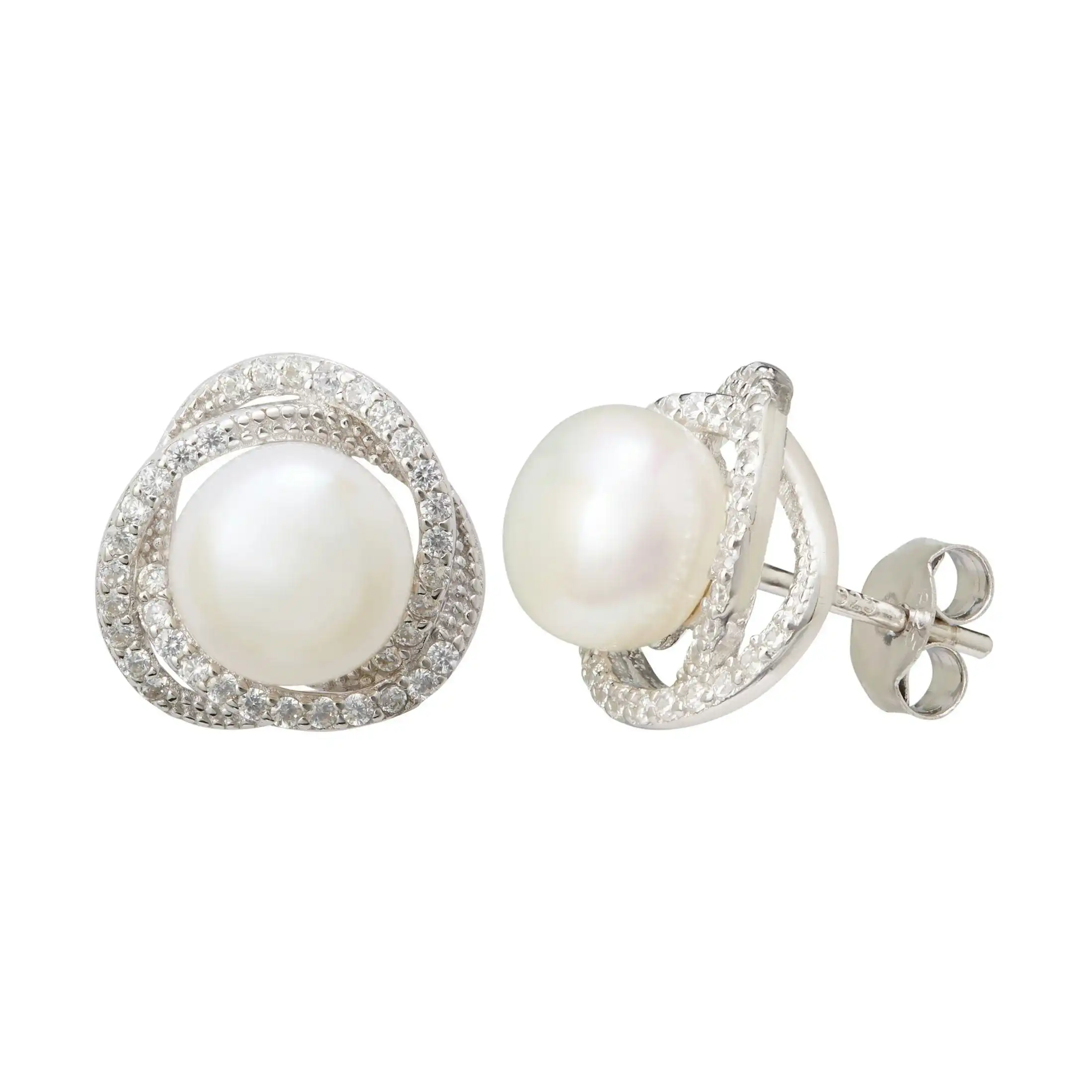 Freshwater Pearl & Cubic Zirconia Halo Swirl Earrings in Sterling Silver