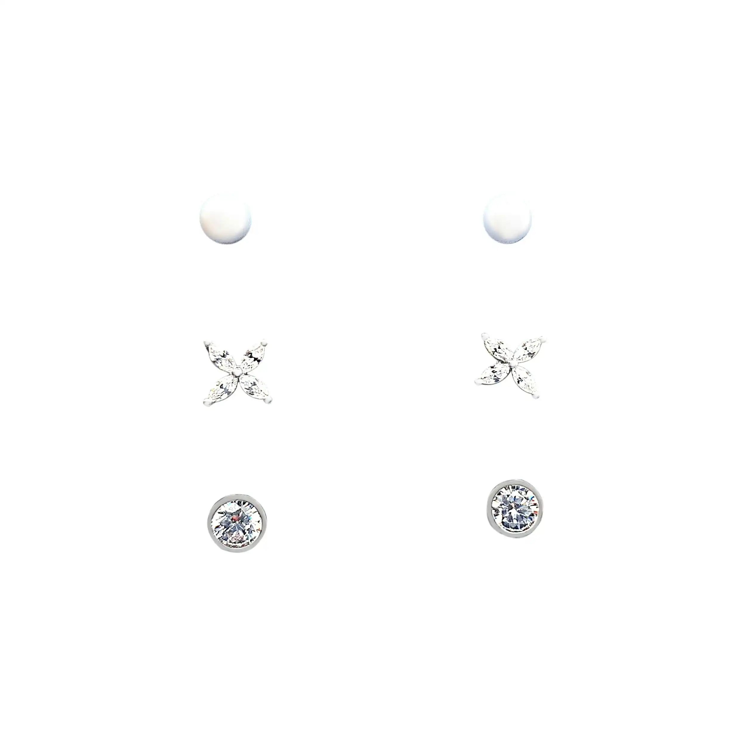 Children's Sterling Silver Stud Earring Set with Synthetic Pearl Stud,Flower Stud and Cubic Zirconia Stud