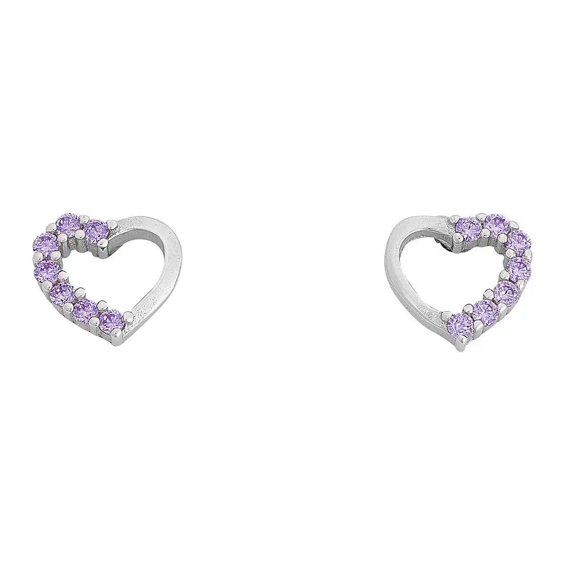 Children's Light Purple Cubic Zirconia Open Heart Stud Earrings in Sterling Silver