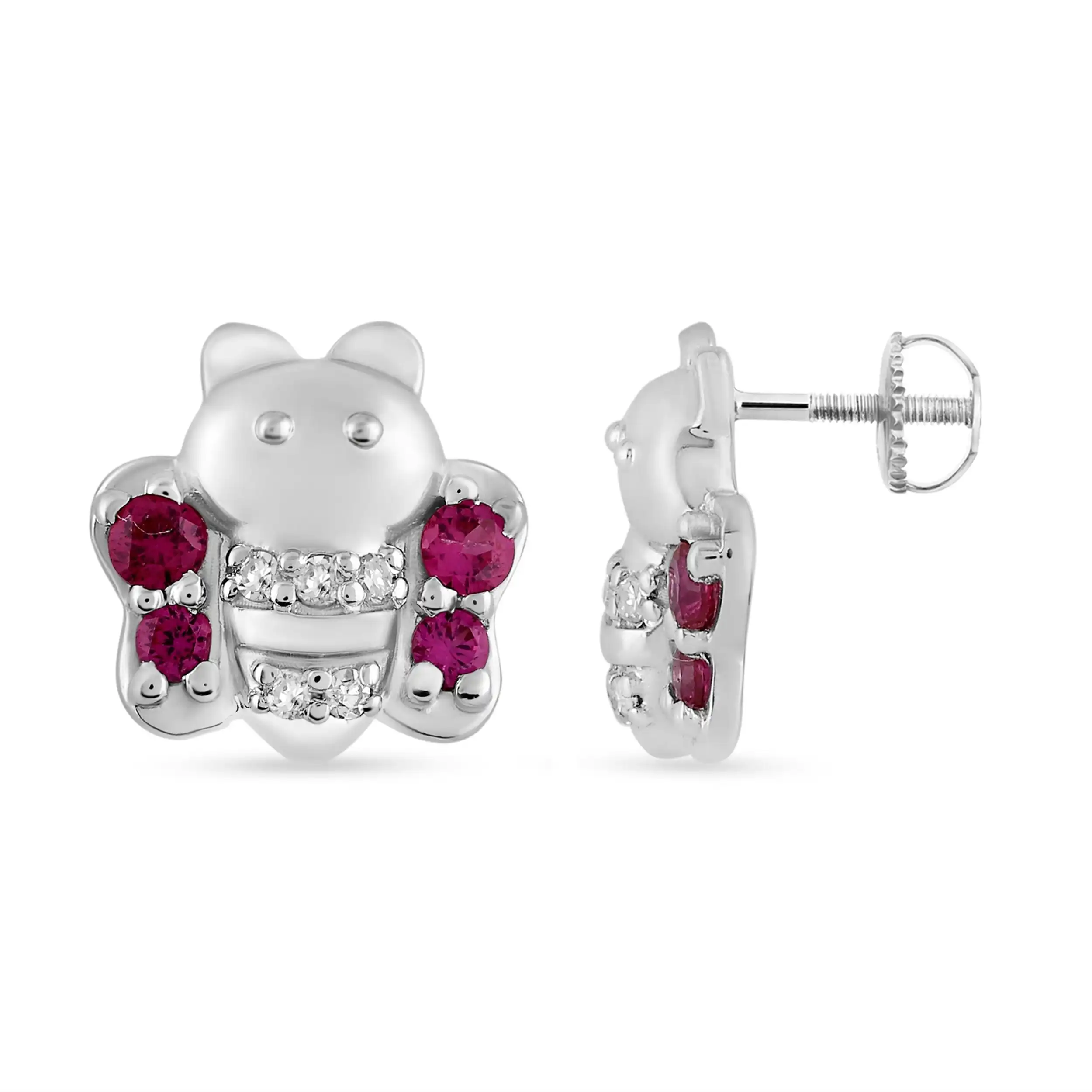 Children's Diamond & Created Ruby Bee Earrings in Sterling Silver