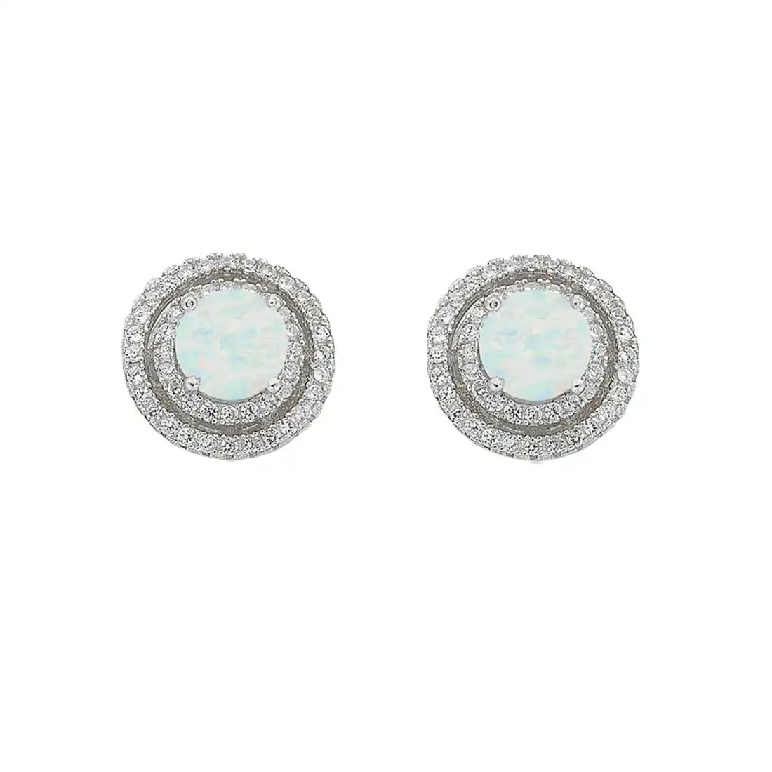 October Birthstone Sterling Silver Synthetic Opal & Cubic Zirconia Halo Earrings