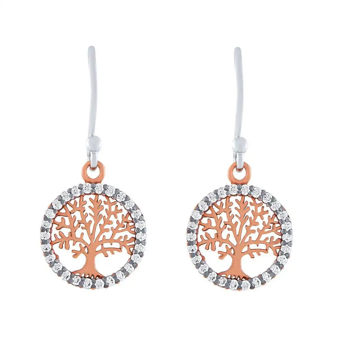 Sterling Silver Rose Plated Tree of Life Drop Earrings