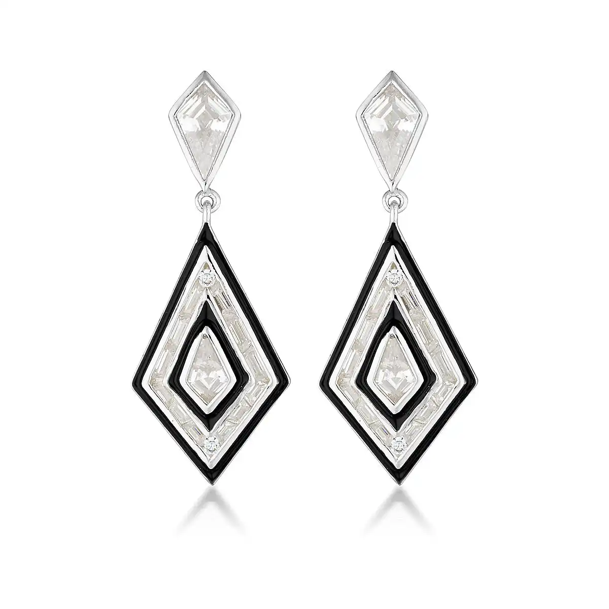 Georgini Reflection Art Deco Earrings Silver & Black Enamel