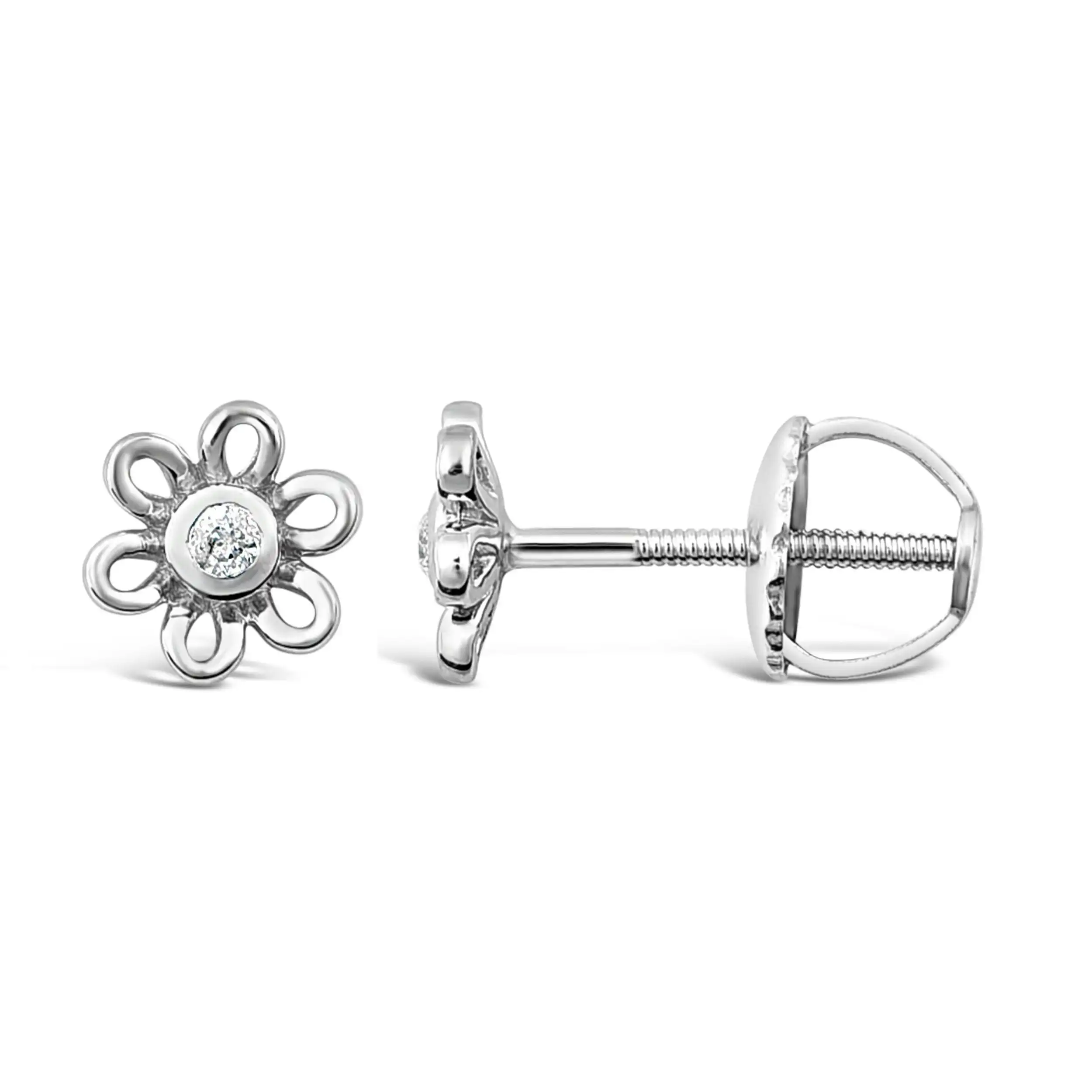 Children's Diamond Open Flower Earrings in Sterling Silver