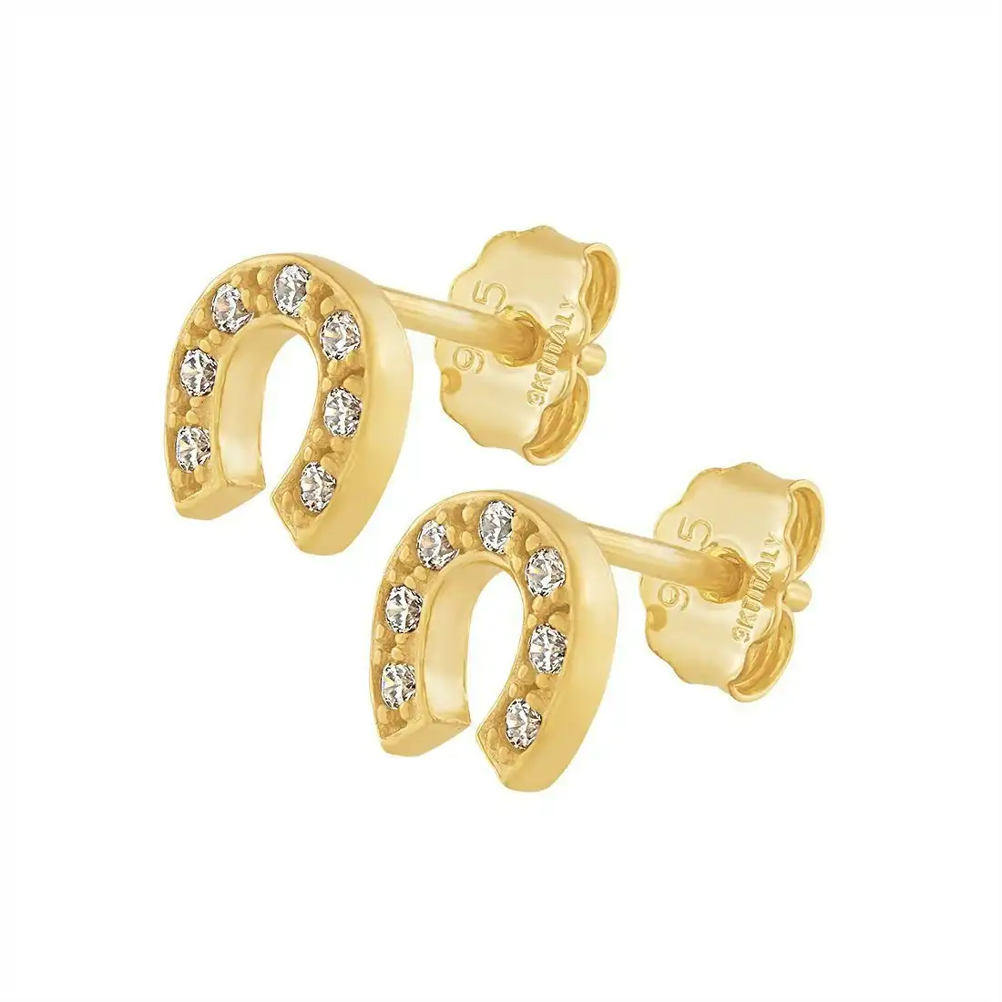 9ct Yellow Gold Silver Infused Horseshoe Stud Earrings with Cubic Zircona