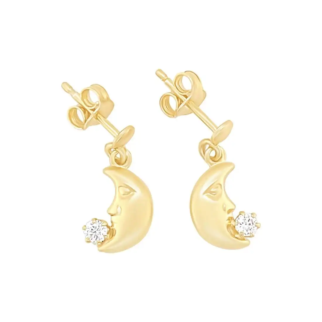 Children's Moon Drop Earrings with Cubic Zirconia Stud in 9ct Yellow Gold Silver Infused