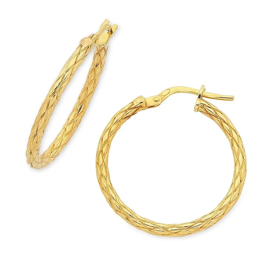 9ct Yellow Gold Silver Infused Patterned Hoop Earrings 20mm