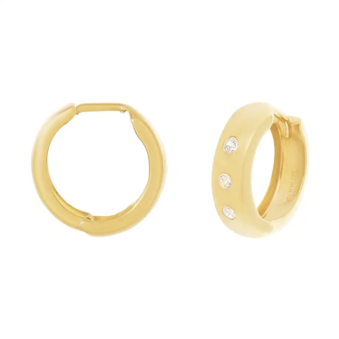 9ct Yellow Gold Silver Infused Huggies Earrings with Cubic Zirconia