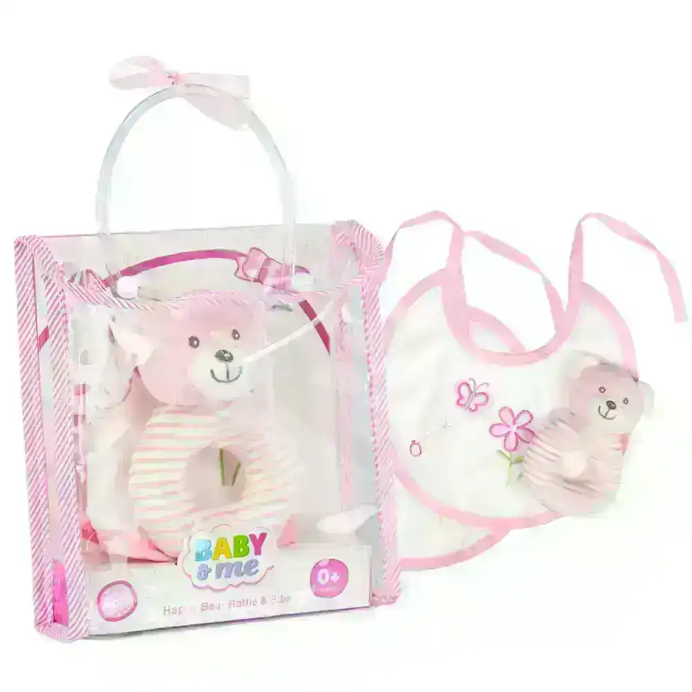 Baby & Me Happy Bear Rattle & Bibs Newborn Baby Gift Bag Set 0+ Months Pink