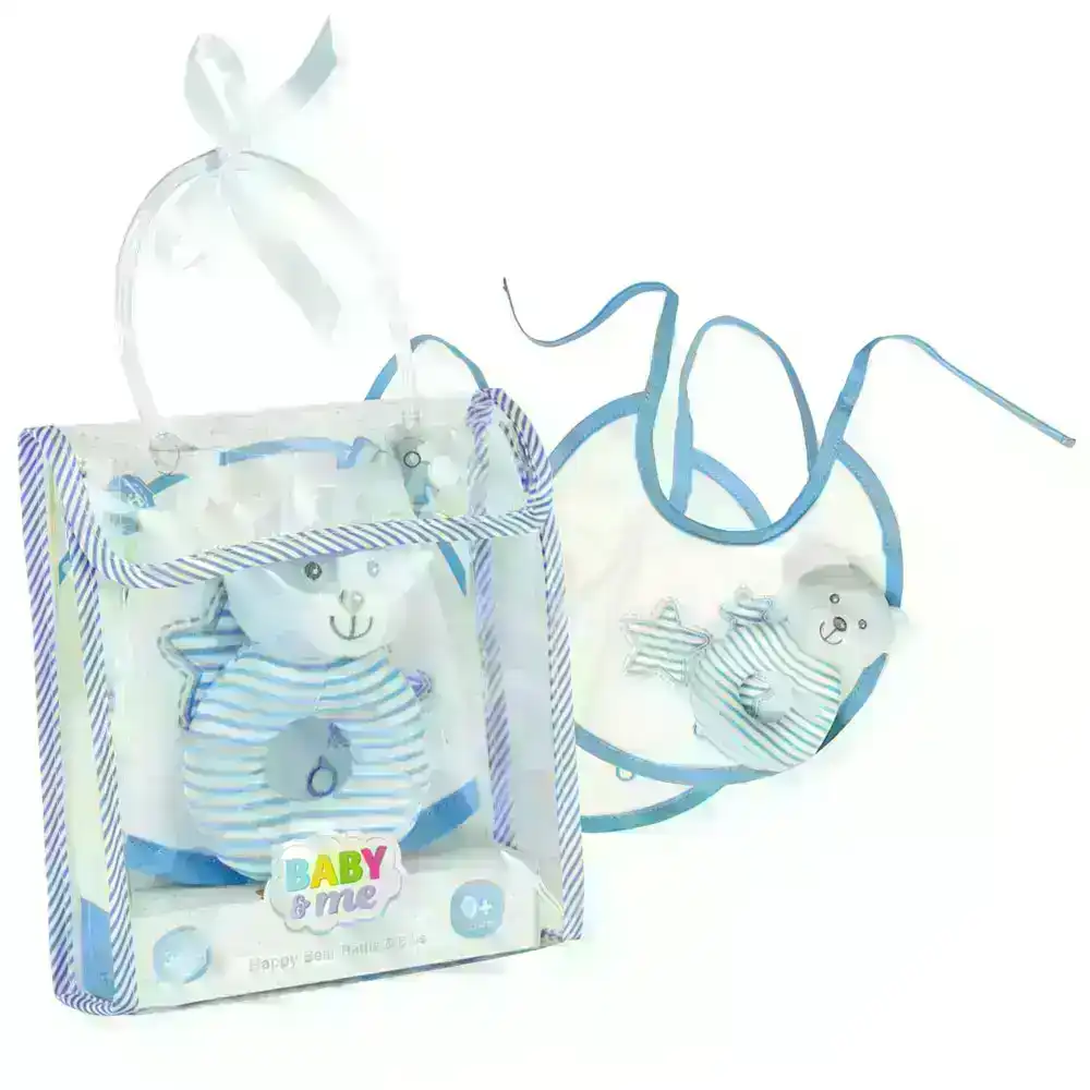 Baby & Me Happy Bear Rattle & Bibs Newborn Baby Gift Bag Set 0+ Months Blue